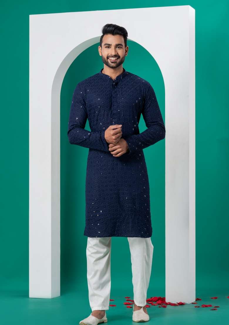 Navy Blue Embroidered Cotton Kurta Set For Men - Indya