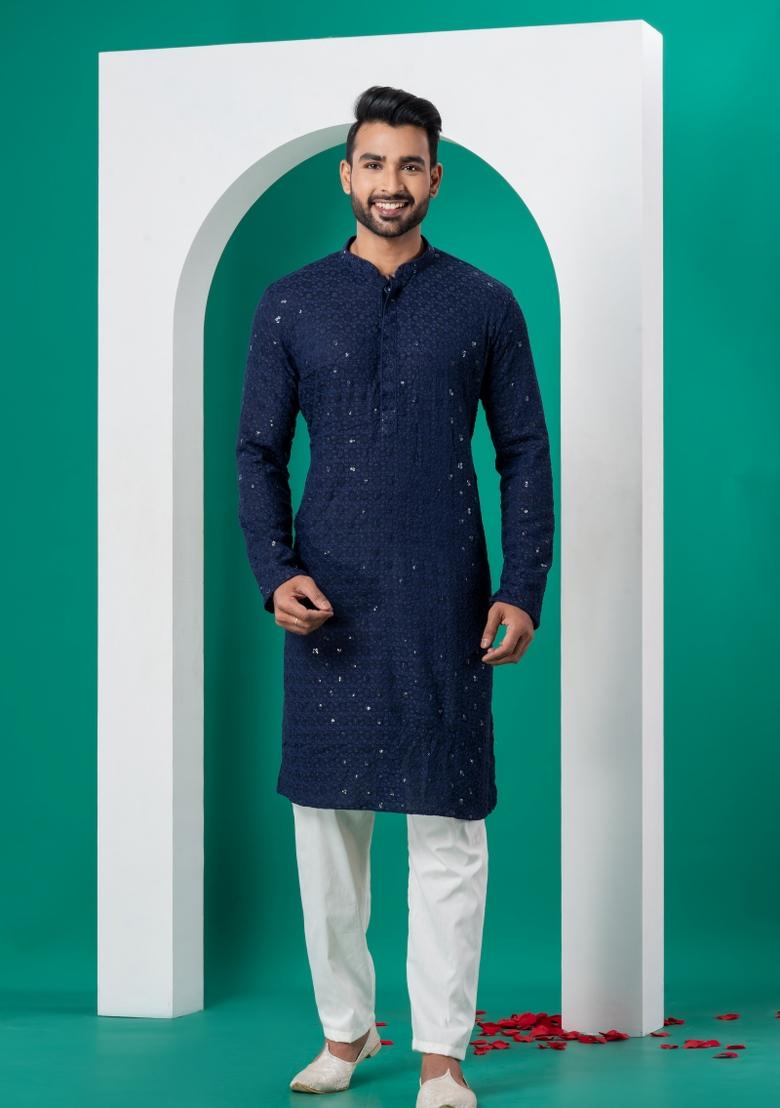 Navy Blue Embroidered Cotton Kurta Set For Men - Indya