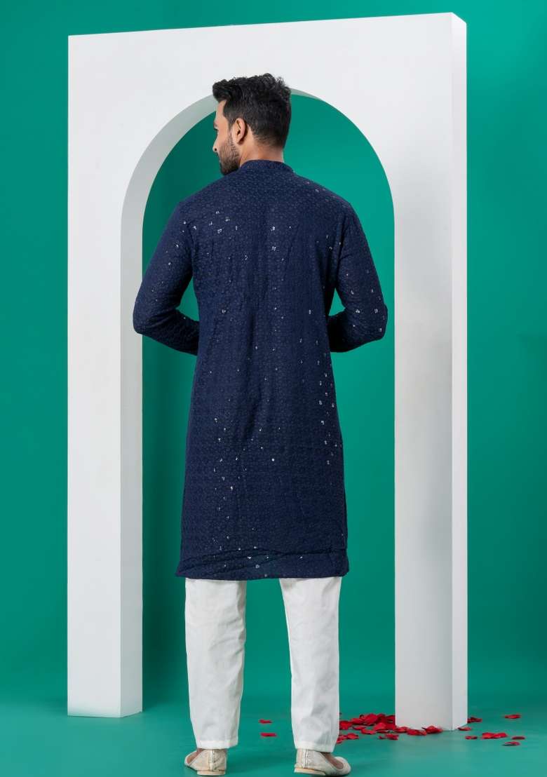 Navy Blue Embroidered Cotton Kurta Set For Men - Indya