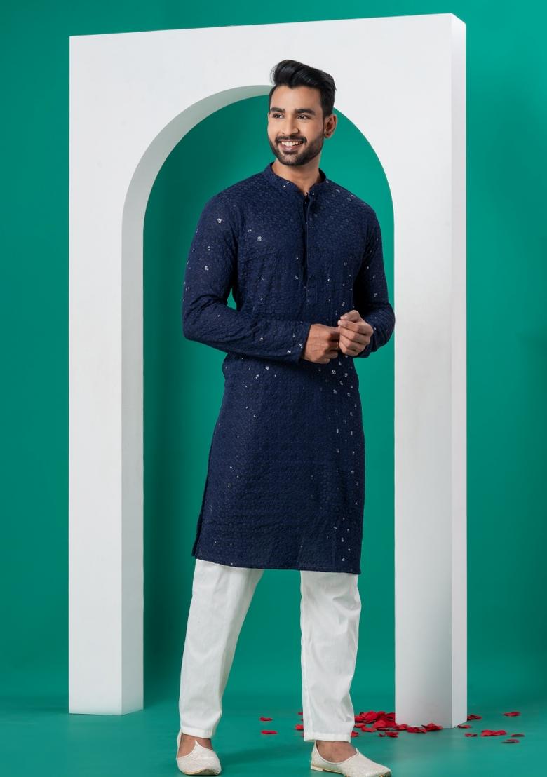 Navy Blue Embroidered Cotton Kurta Set For Men - Indya