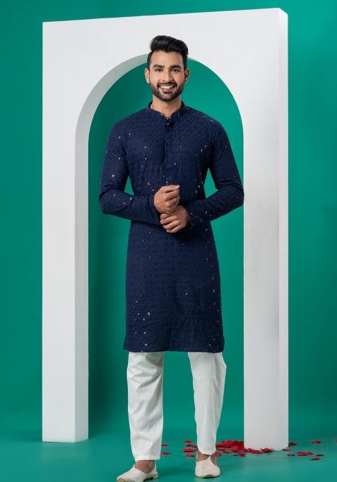 Navy Blue Embroidered Cotton Kurta Set For Men