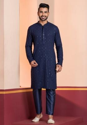 Navy Blue Embroidered Cotton Kurta Set For Men