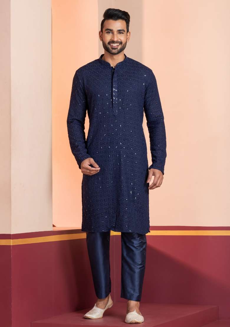 Navy Blue Embroidered Cotton Kurta Set For Men - Indya