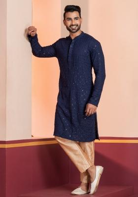 Navy Blue Embroidered Cotton Kurta Set For Men