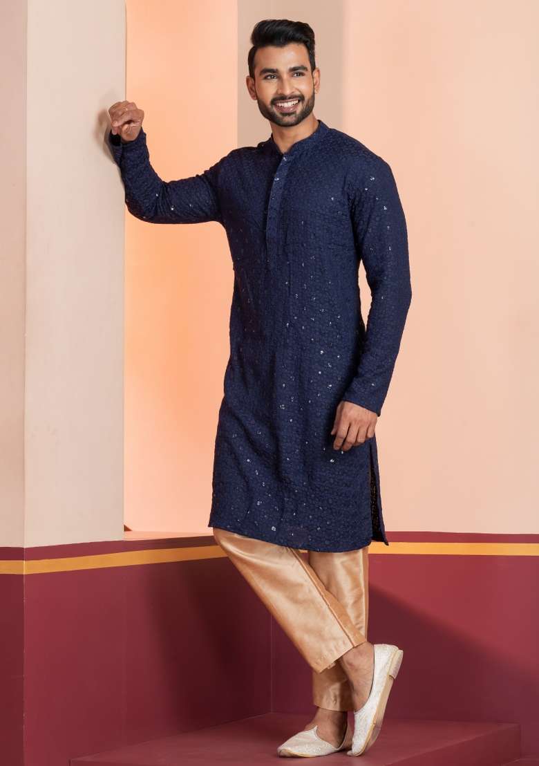 Navy Blue Embroidered Cotton Kurta Set For Men - Indya