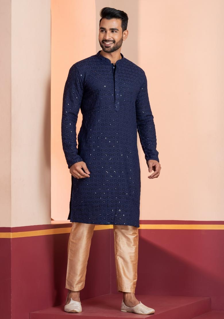 Navy Blue Embroidered Cotton Kurta Set For Men - Indya