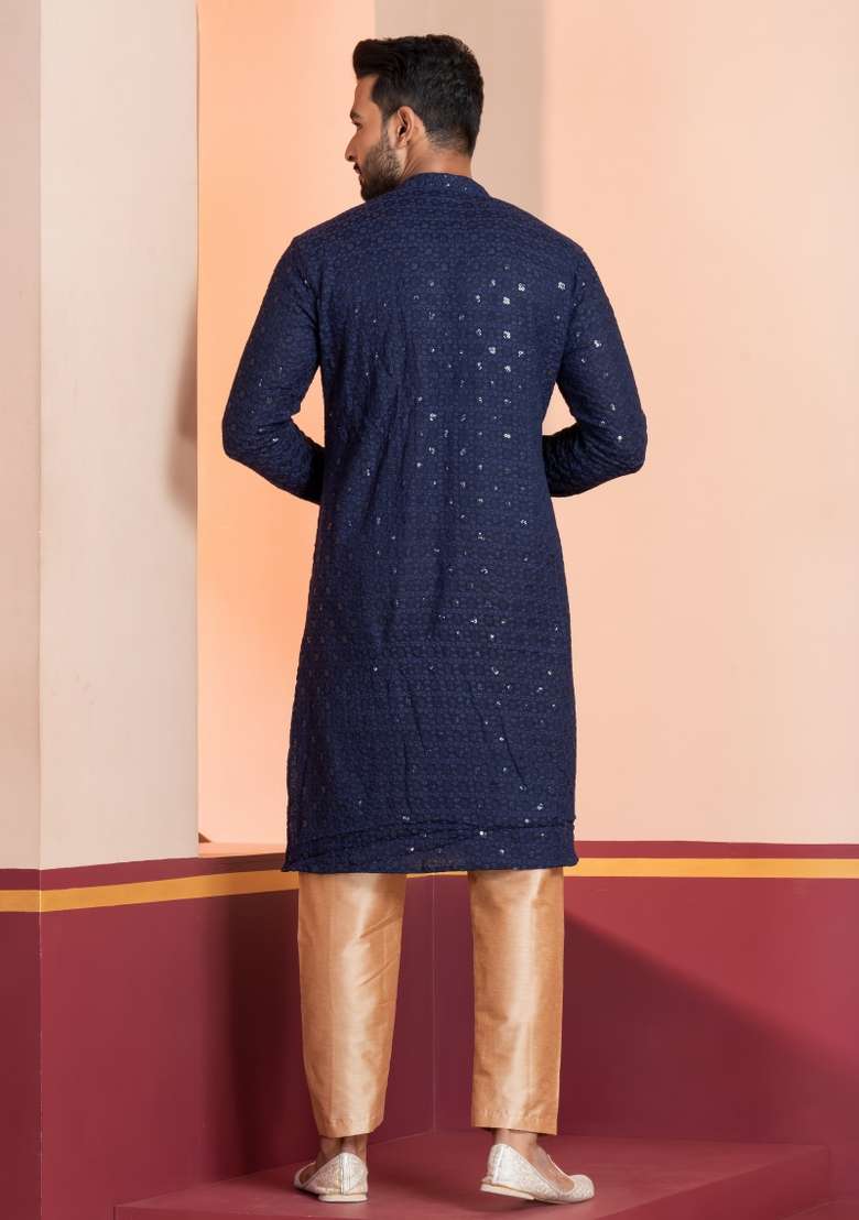 Navy Blue Embroidered Cotton Kurta Set For Men - Indya