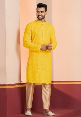 Yellow Embroidered Cotton Kurta Set For Men