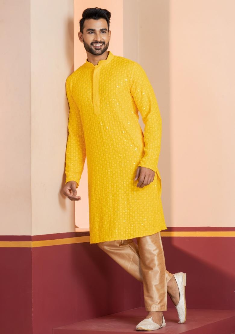 Yellow Embroidered Cotton Kurta Set For Men - Indya