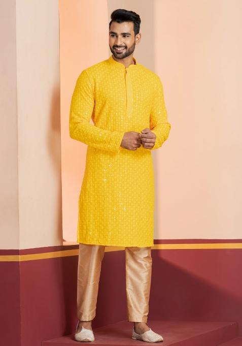 Yellow Embroidered Cotton Kurta Set For Men