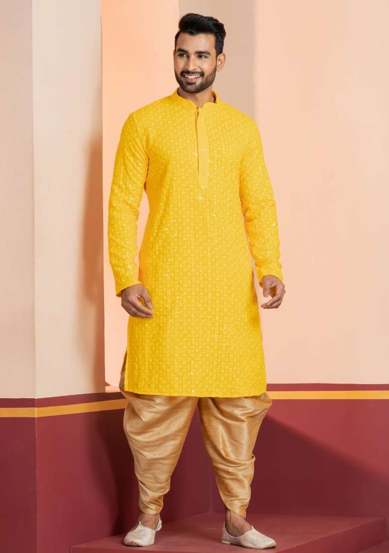 Yellow Embroidered Cotton Kurta Dhoti Set For Men - Indya