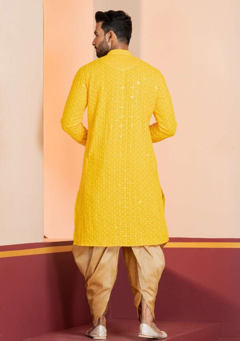 Yellow Embroidered Cotton Kurta Dhoti Set For Men - Indya