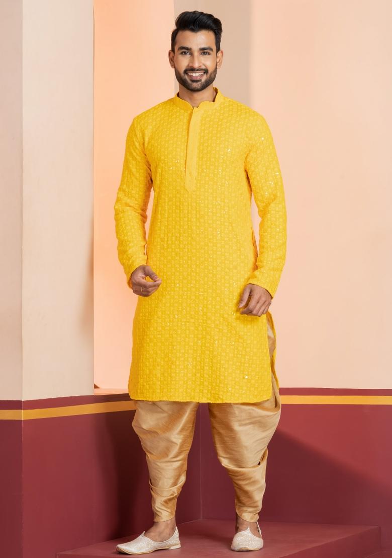 Yellow Embroidered Cotton Kurta Dhoti Set For Men - Indya