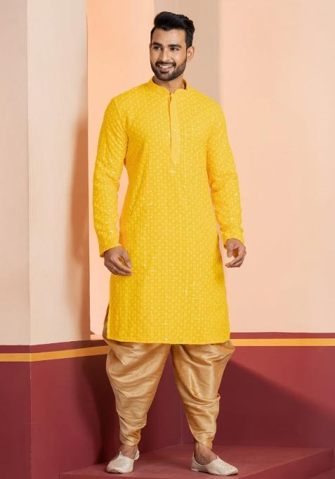 Yellow Embroidered Cotton Kurta Dhoti Set For Men