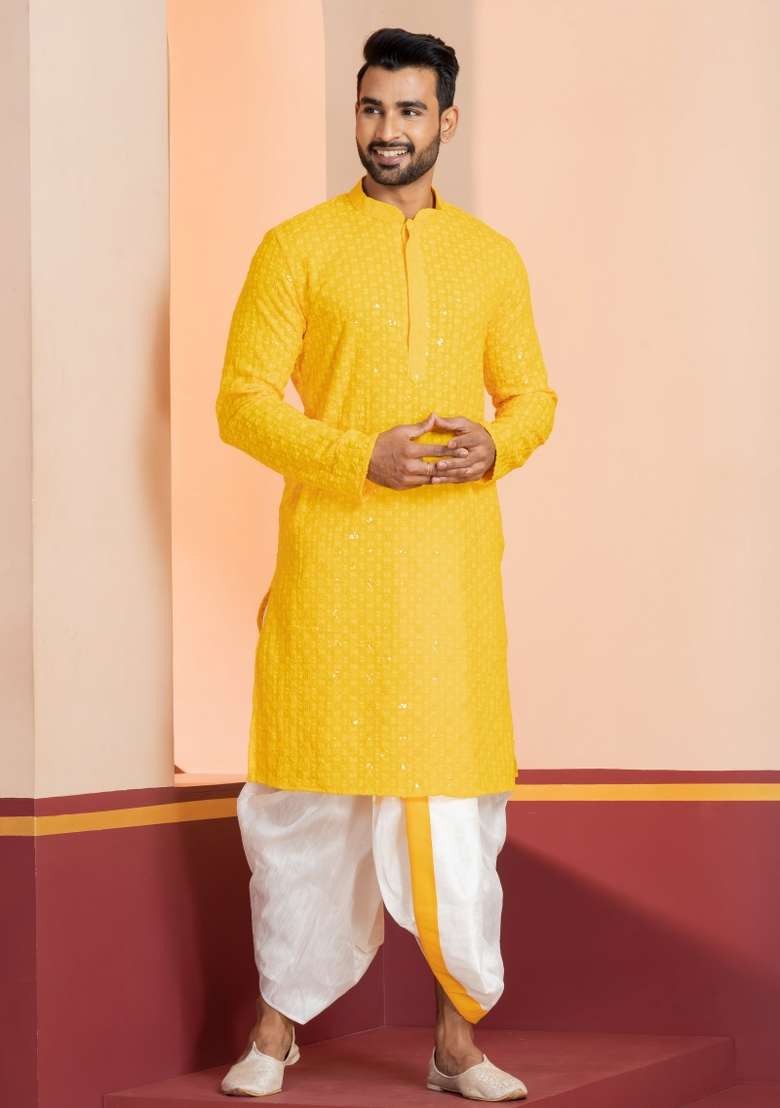 Yellow Embroidered Cotton Kurta Dhoti Set For Men - Indya