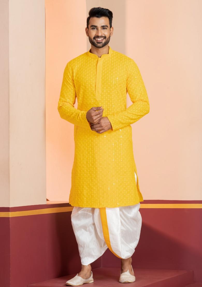 Yellow Embroidered Cotton Kurta Dhoti Set For Men - Indya