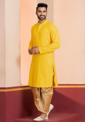 Yellow Embroidered Cotton Kurta Dhoti Set For Men