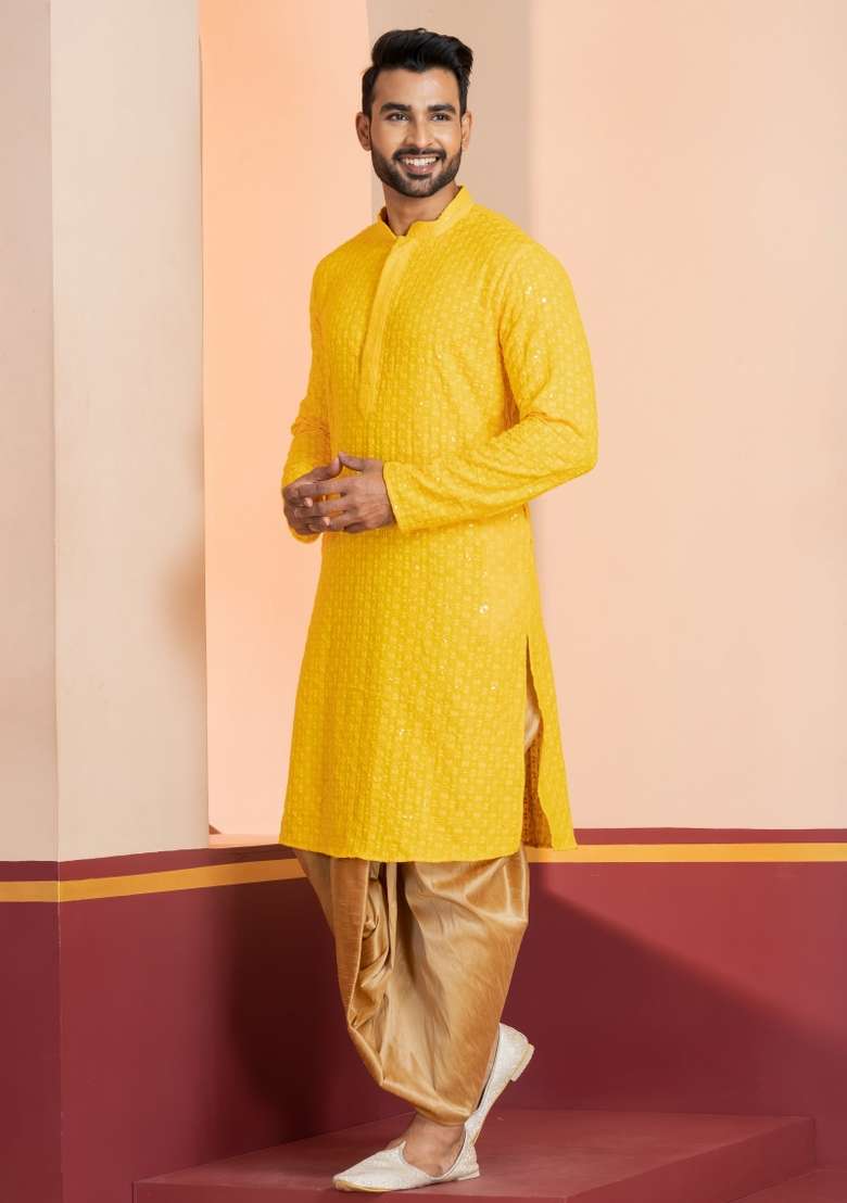 Yellow Embroidered Cotton Kurta Dhoti Set For Men - Indya