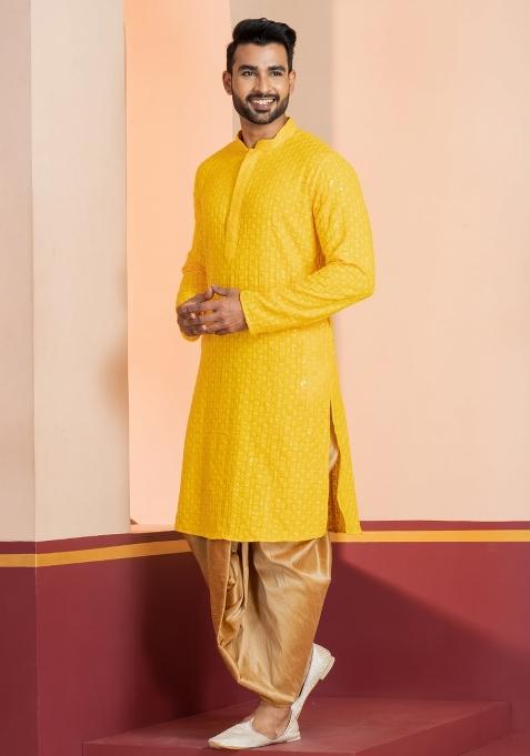 Yellow Embroidered Cotton Kurta Dhoti Set For Men