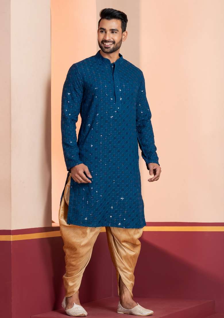 Blue Embroidered Cotton Kurta Dhoti Set For Men - Indya