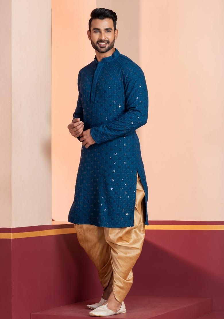 Blue Embroidered Cotton Kurta Dhoti Set For Men - Indya