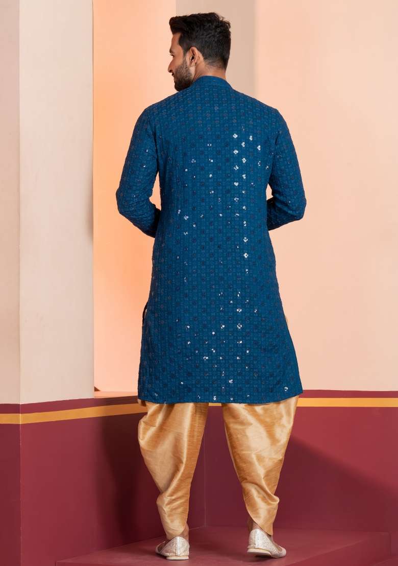 Blue Embroidered Cotton Kurta Dhoti Set For Men - Indya