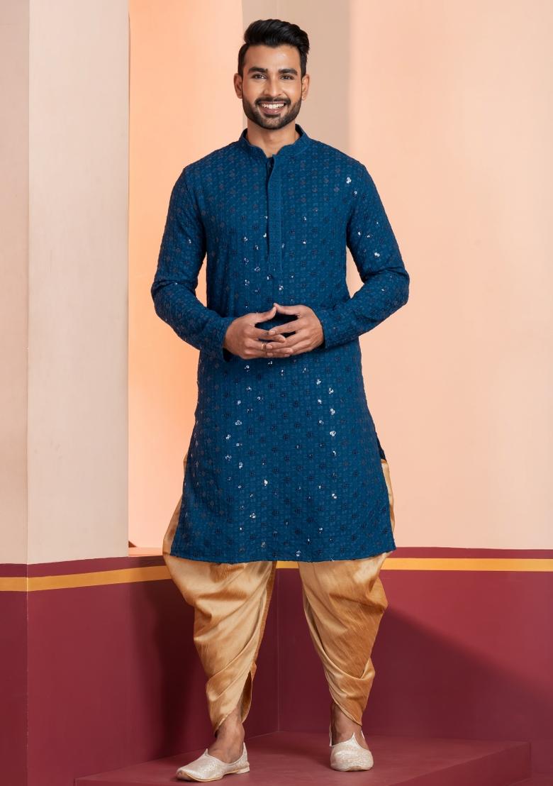 Blue Embroidered Cotton Kurta Dhoti Set For Men - Indya