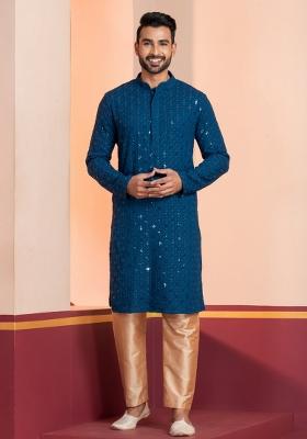 Blue Embroidered Cotton Kurta Set For Men