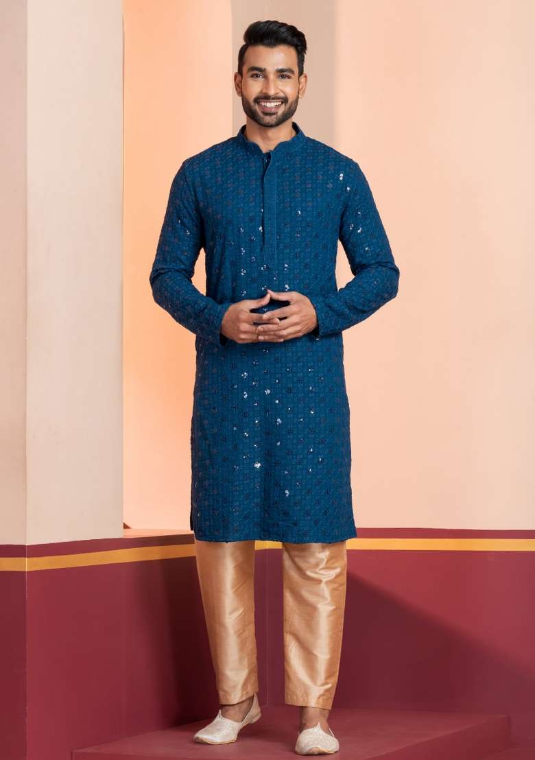 Blue Embroidered Cotton Kurta Set For Men - Indya