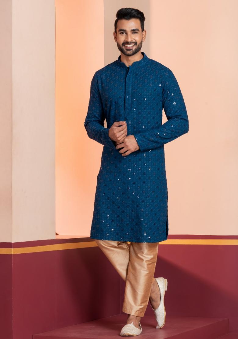 Blue Embroidered Cotton Kurta Set For Men - Indya