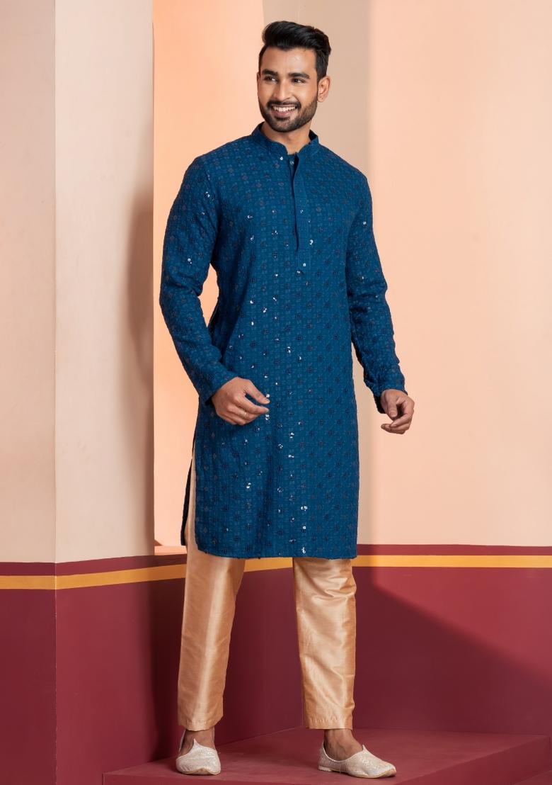 Blue Embroidered Cotton Kurta Set For Men - Indya