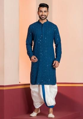 Blue Embroidered Cotton Kurta Dhoti Set For Men