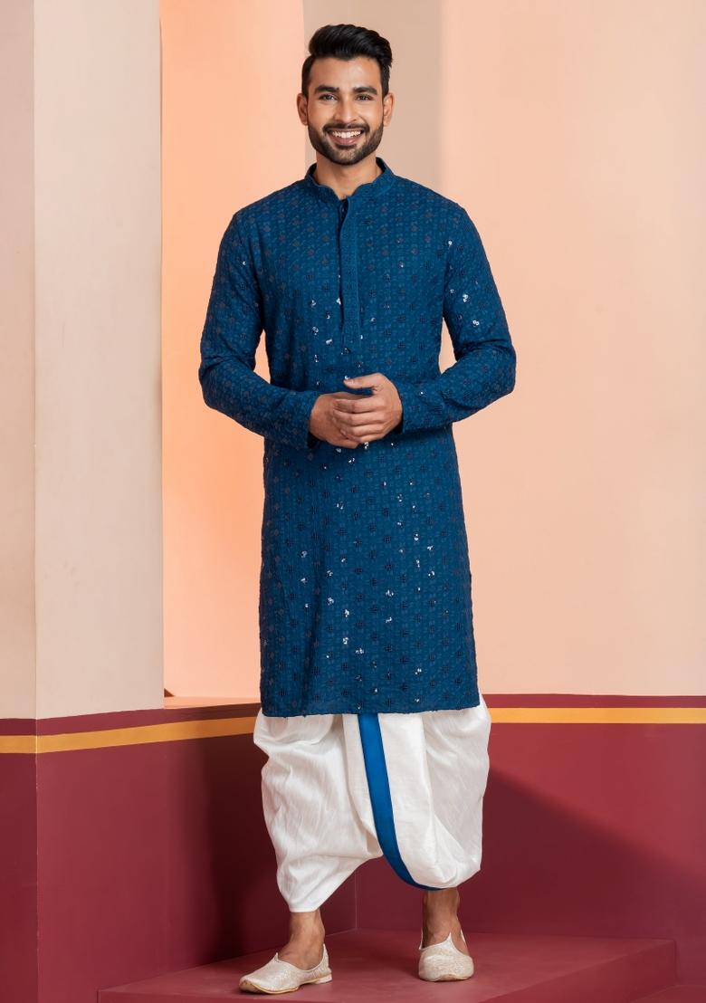 Blue Embroidered Cotton Kurta Dhoti Set For Men - Indya