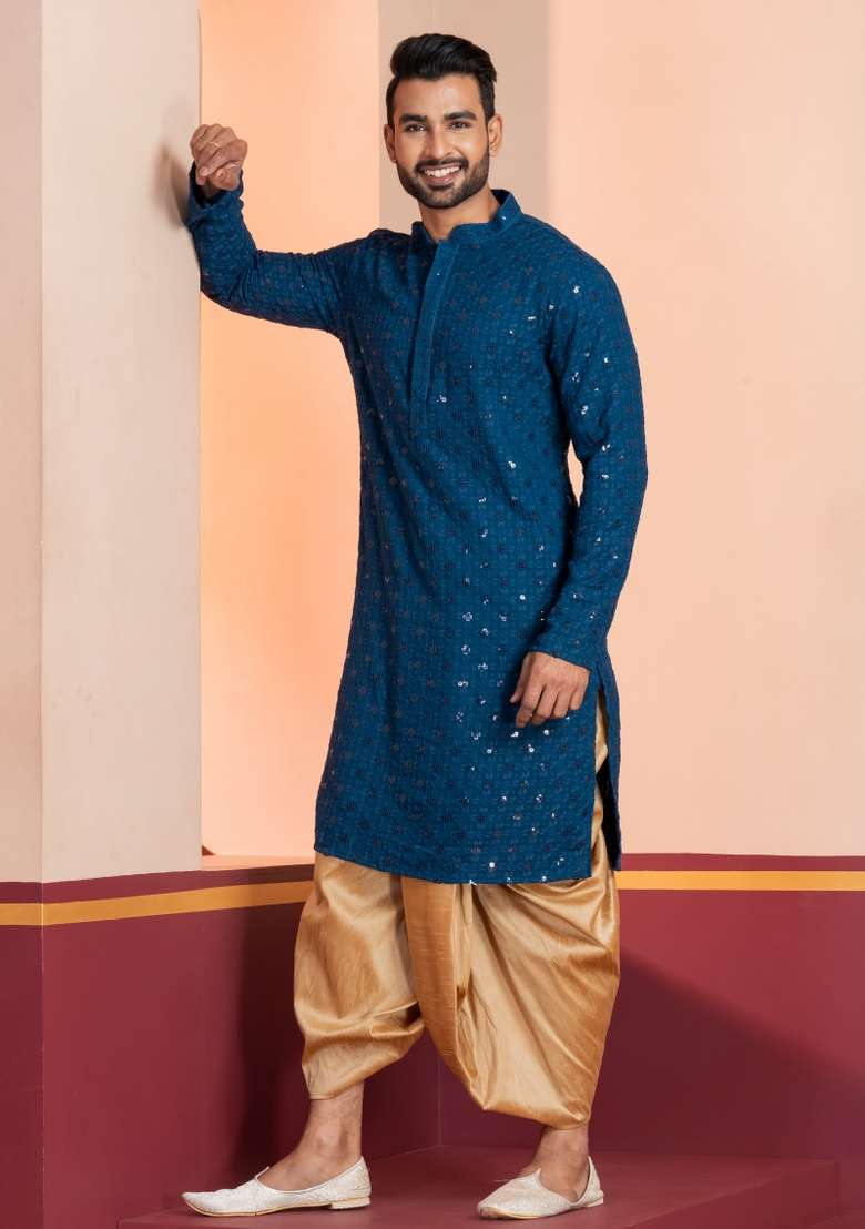 Blue Embroidered Cotton Kurta Dhoti Set For Men - Indya