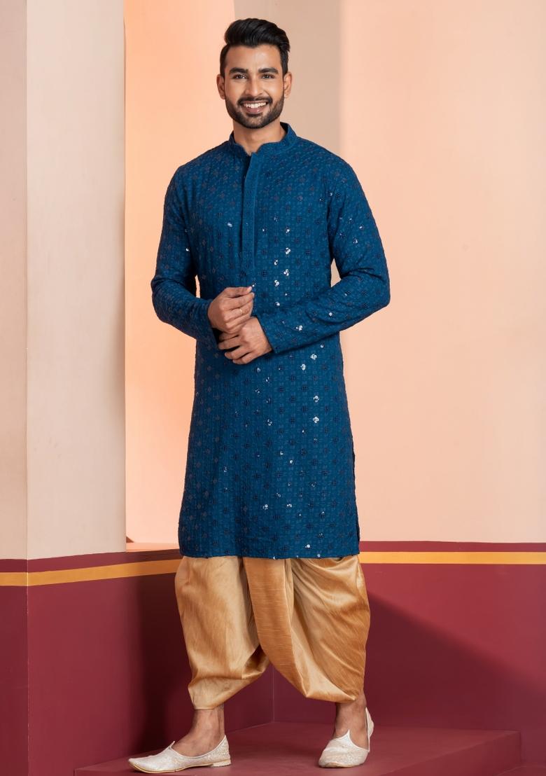 Blue Embroidered Cotton Kurta Dhoti Set For Men - Indya