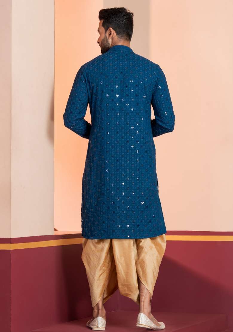 Blue Embroidered Cotton Kurta Dhoti Set For Men - Indya
