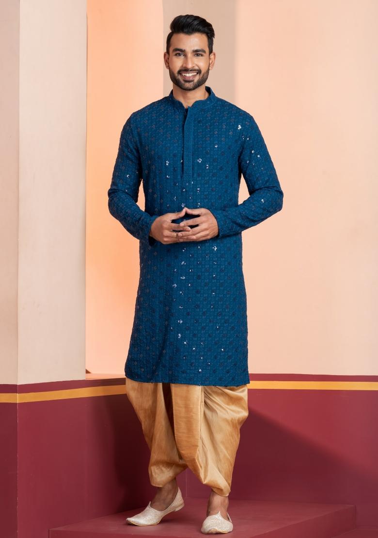 Blue Embroidered Cotton Kurta Dhoti Set For Men - Indya