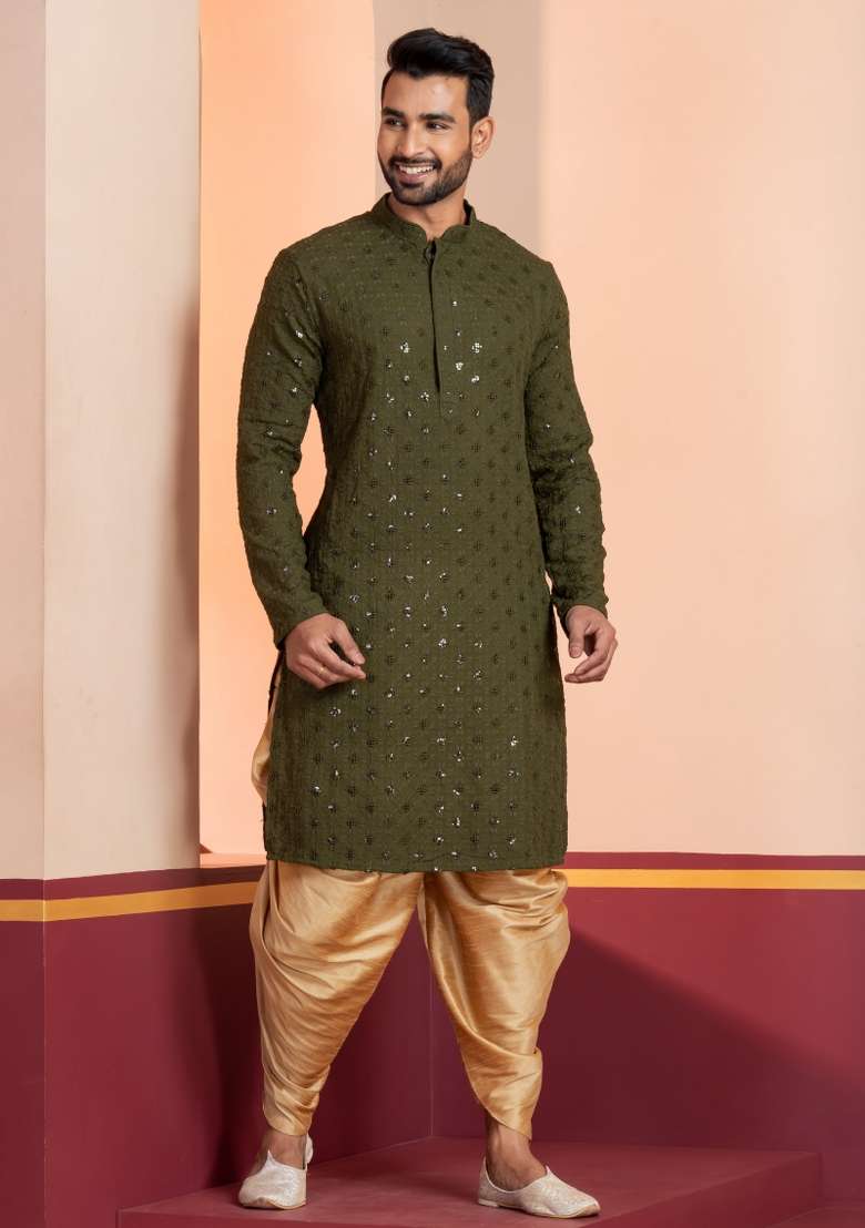 Green Embroidered Cotton Kurta Dhoti Set For Men - Indya