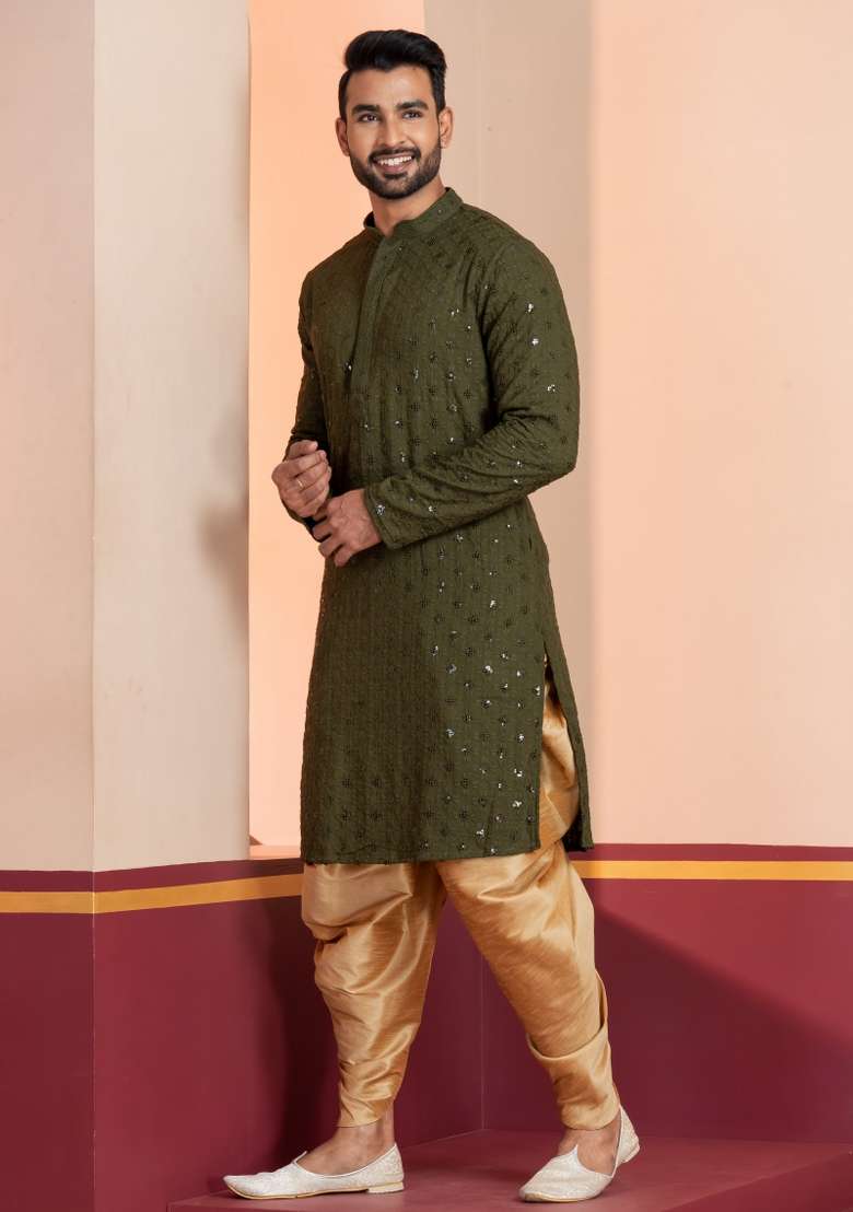 Green Embroidered Cotton Kurta Dhoti Set For Men - Indya