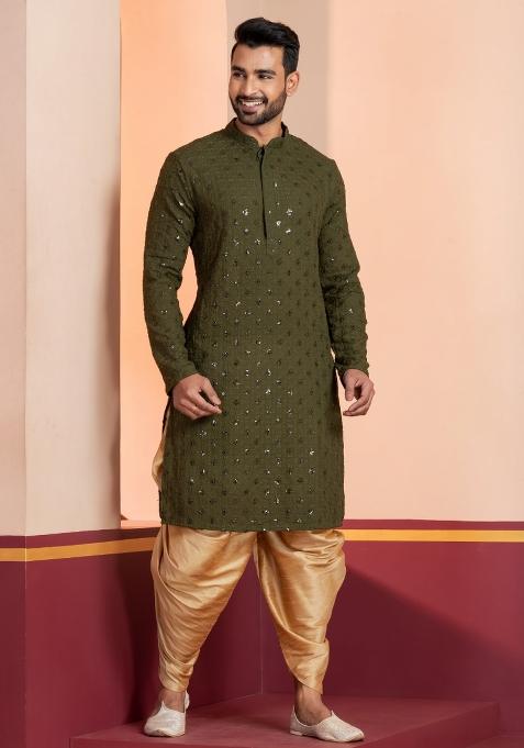 Green Embroidered Cotton Kurta Dhoti Set For Men