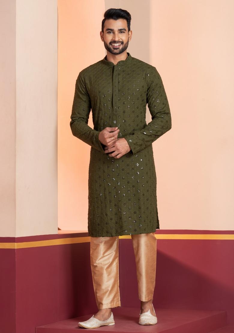 Green Embroidered Cotton Kurta Set For Men - Indya
