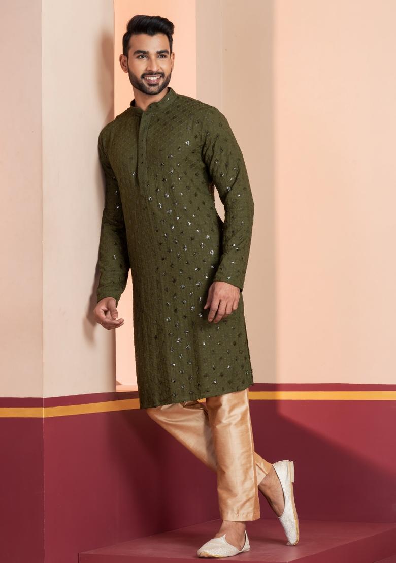 Green Embroidered Cotton Kurta Set For Men - Indya
