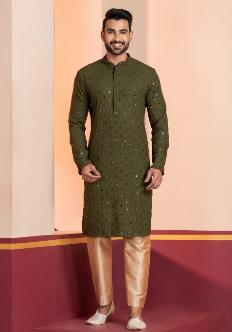Green Embroidered Cotton Kurta Set For Men