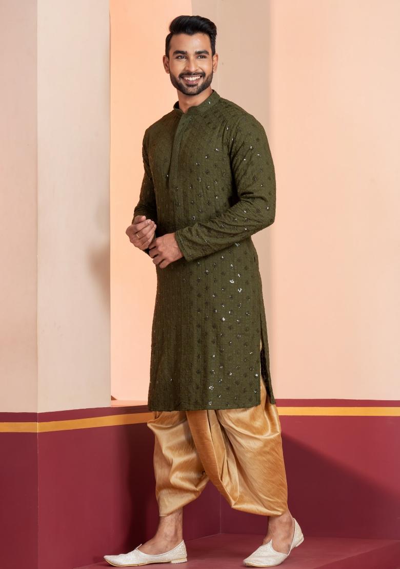 Green Embroidered Cotton Kurta Dhoti Set For Men - Indya