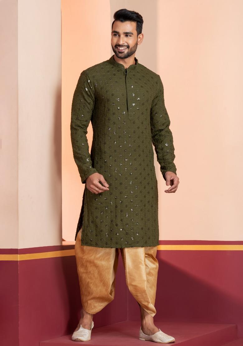 Green Embroidered Cotton Kurta Dhoti Set For Men - Indya