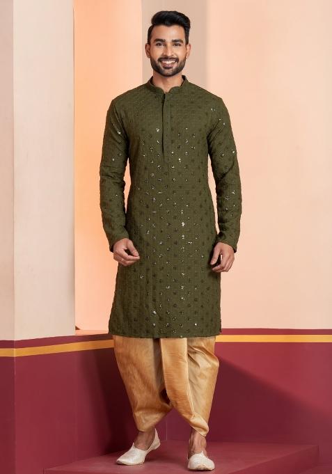 Green Embroidered Cotton Kurta Dhoti Set For Men