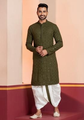 Green Embroidered Cotton Kurta Dhoti Set For Men