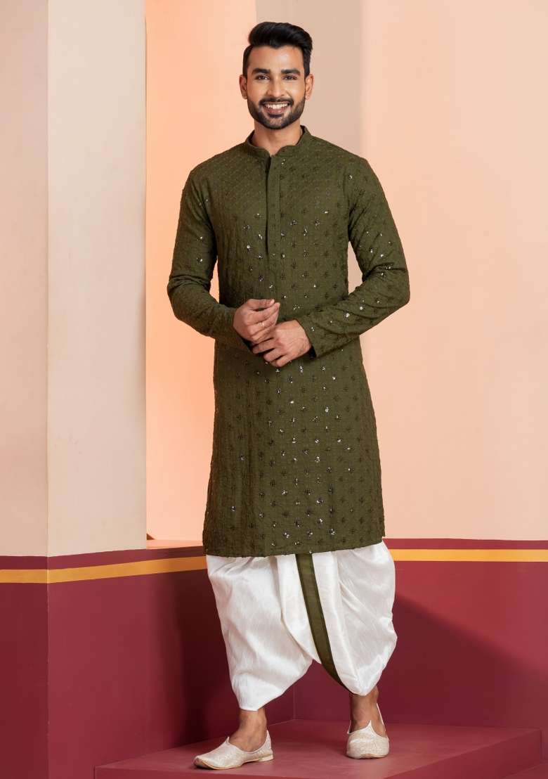 Green Embroidered Cotton Kurta Dhoti Set For Men - Indya