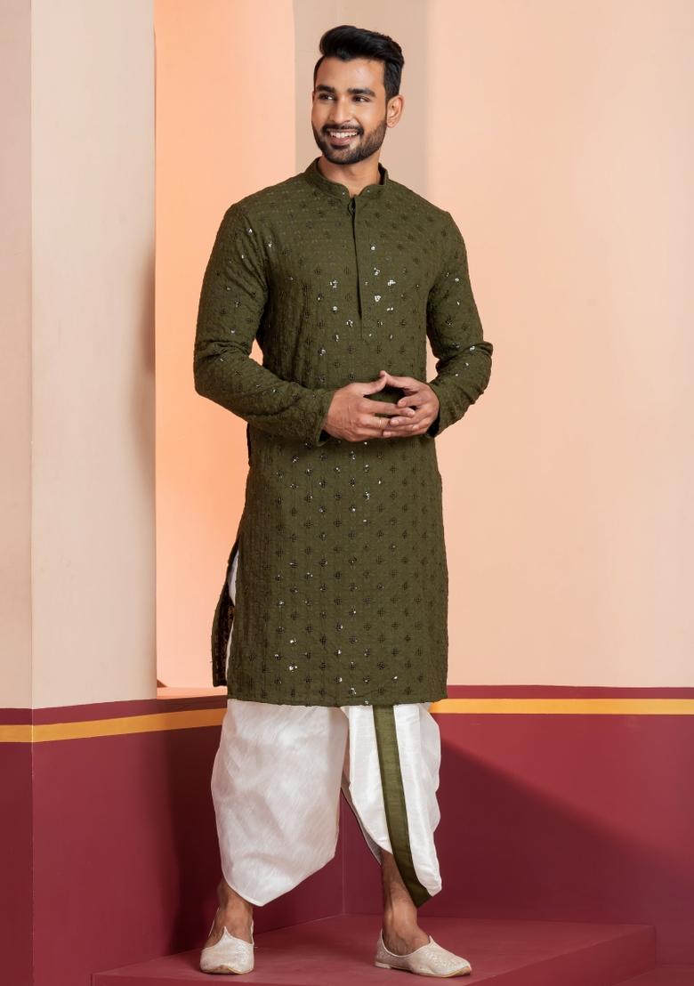Green Embroidered Cotton Kurta Dhoti Set For Men - Indya