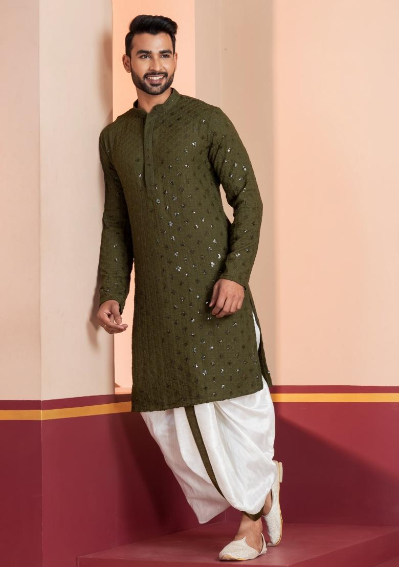 Green Embroidered Cotton Kurta Dhoti Set For Men - Indya